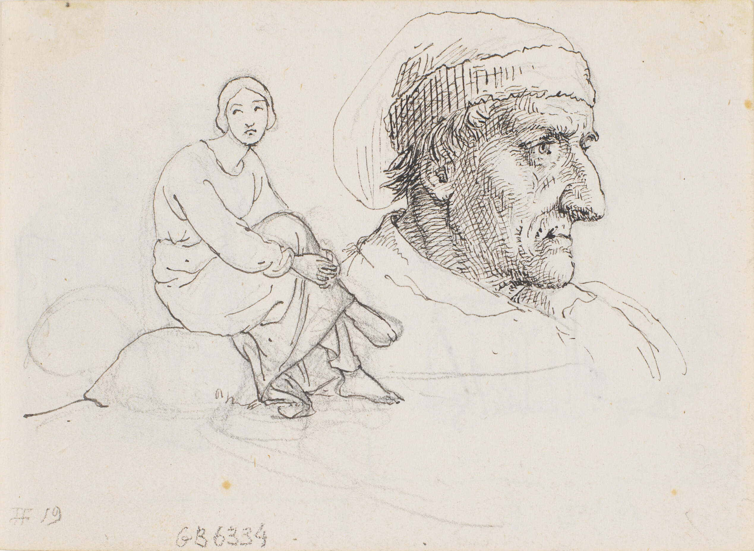 Studiehoved og siddende kvinde